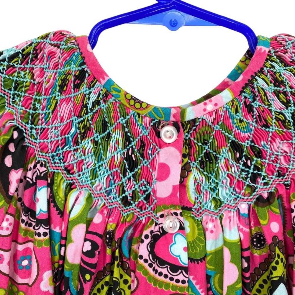 Three Sisters Colorful Paisley Smocked Bishop Cotton Dress - Picture 7 of 8